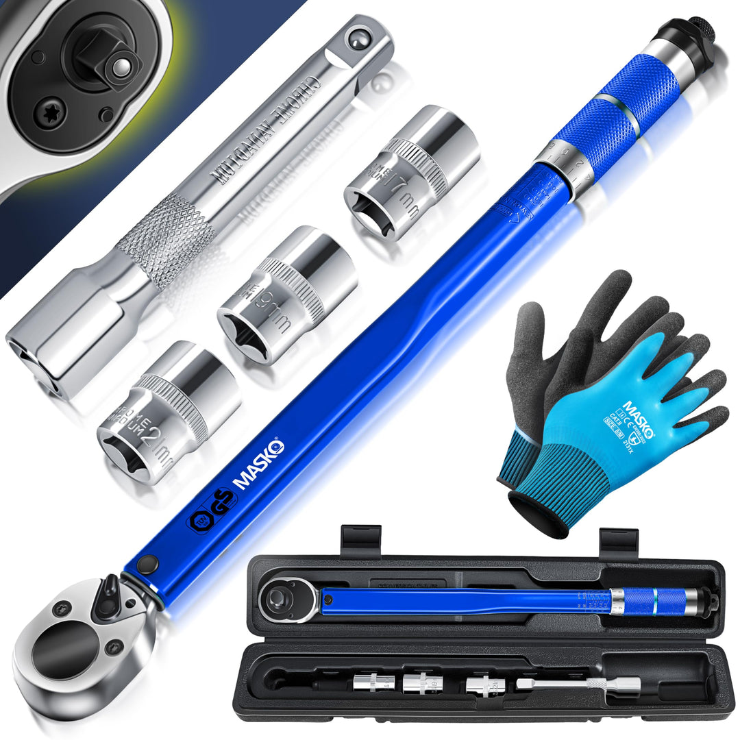 MASKO® Drehmomentschlüssel 6tlg. Set 40-210Nm 1/2 ' CV inkl. 3 Stecknüsse 17mm 19mm 21mm & Verlänger