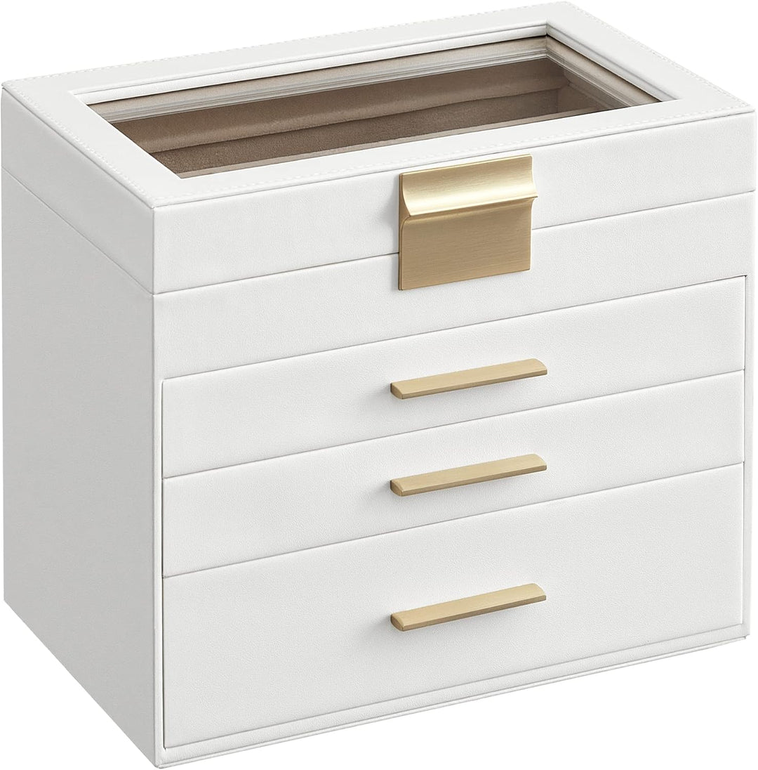SONGMICS Schmuckkästchen, Schmuckkasten mit 4 Ebenen, Schmuckbox mit Glasdeckel, 3 Schubladen, für S