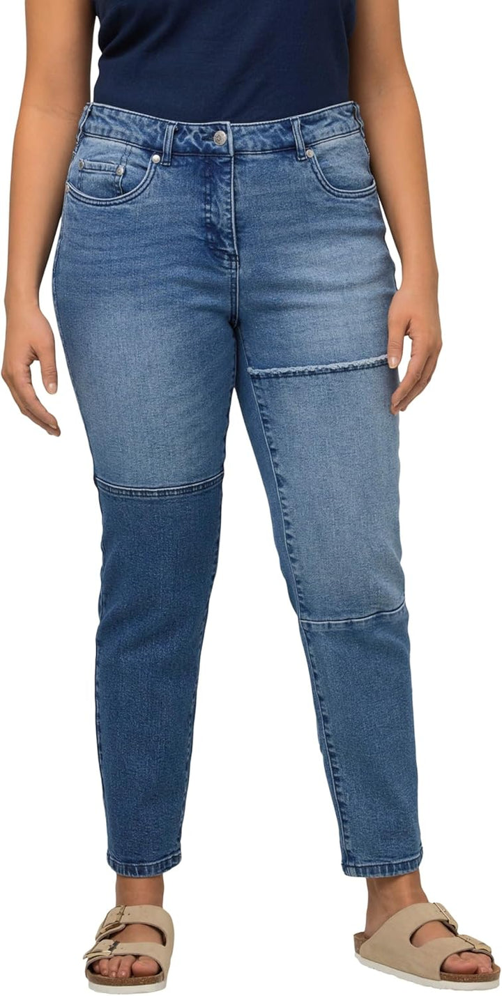 Ulla Popken Damen Denim mit Patch Jeans 32W / 32L Blue Denim, 32W / 32L Blue Denim
