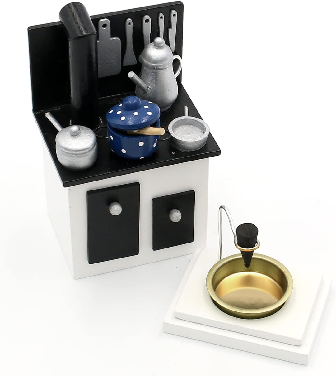 Dekohelden24 Holz Räucherofen mit Küchenutensilien in schwarz-weiss, L/B/H ca. 9 x 7 x 15 cm, 15 cm