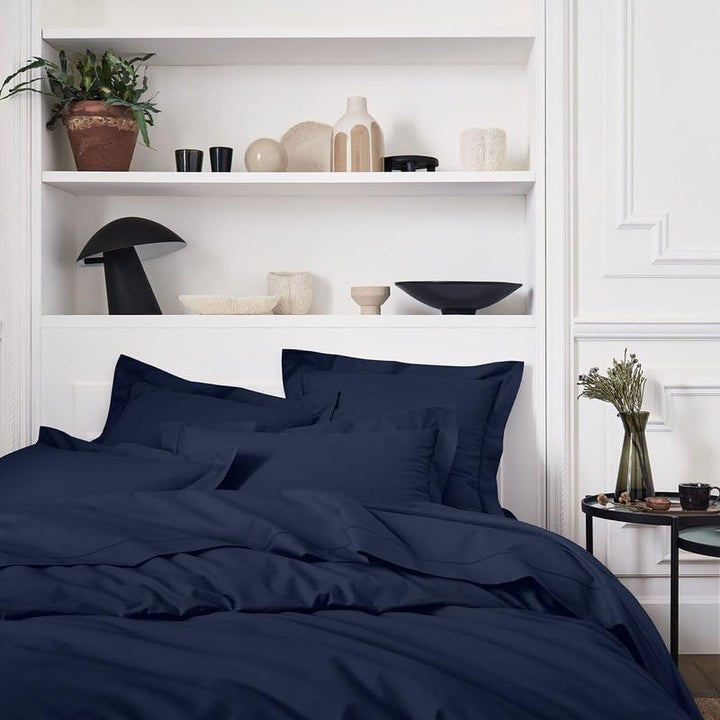 Essix Home Collection Royal Line Spannbettlaken, Leinen Bambus Perkal Baumwolle, Midnight Blue, 140