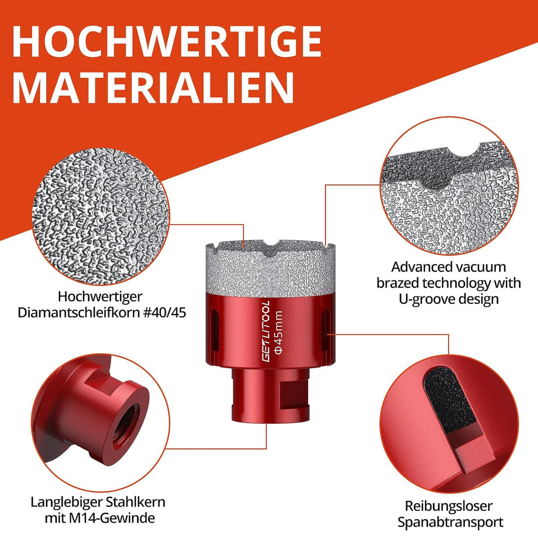 GETLITOOL 11tlg Diamant Fliesenbohrer Set 6-68mm, 125mm Trennscheibe, Diamant Lochsägeset für Porzel