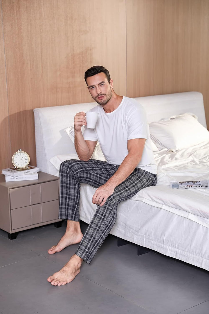 Herren Schlafanzughose Lang Baumwolle Karierte Pyjamahose Lounge Hose Pyjamaunterteil Freizeithose m