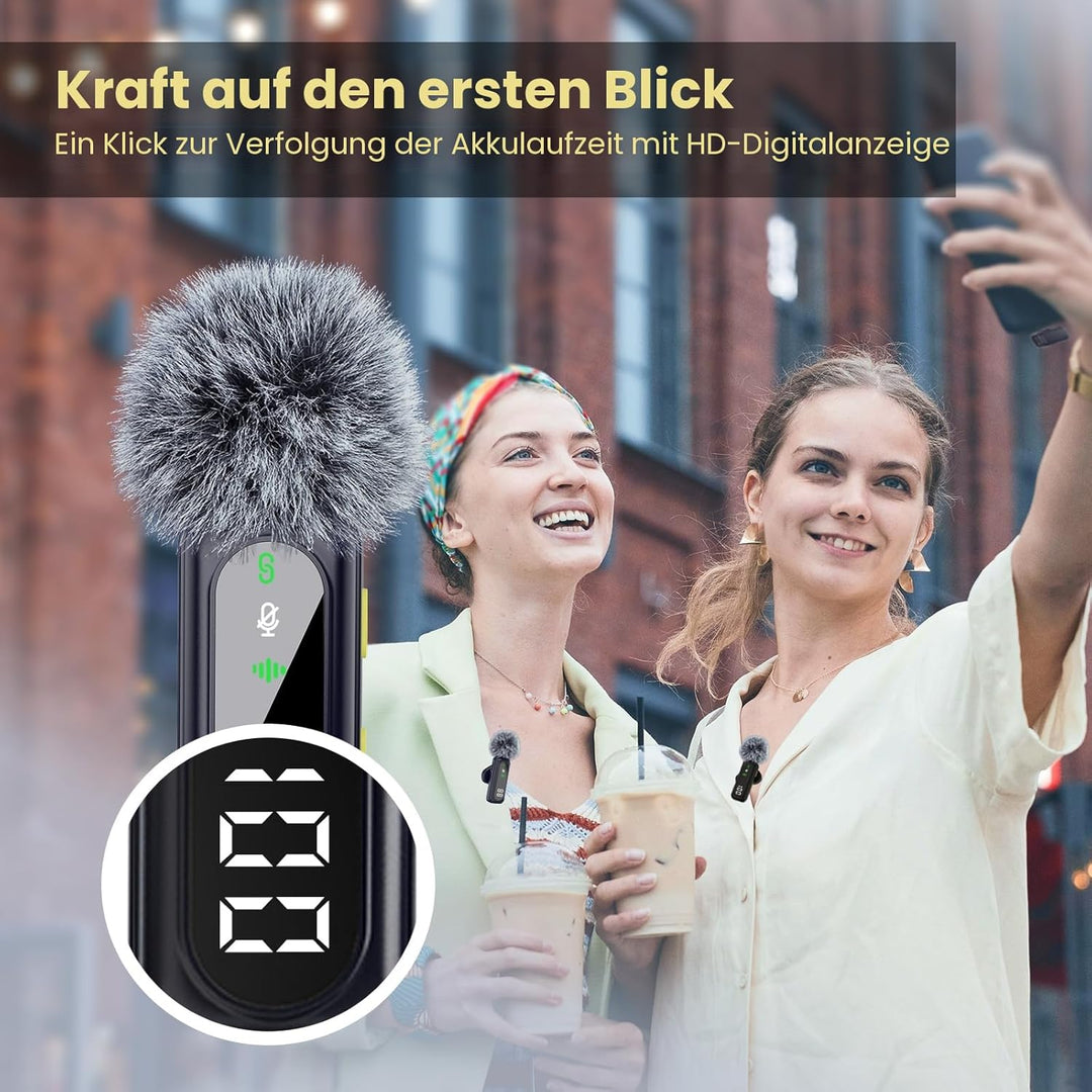 Kabelloses Lavalier-Mikrofon mit digitaler Batterieanzeige, 360° omnidirektionale Geräuschunterdrück