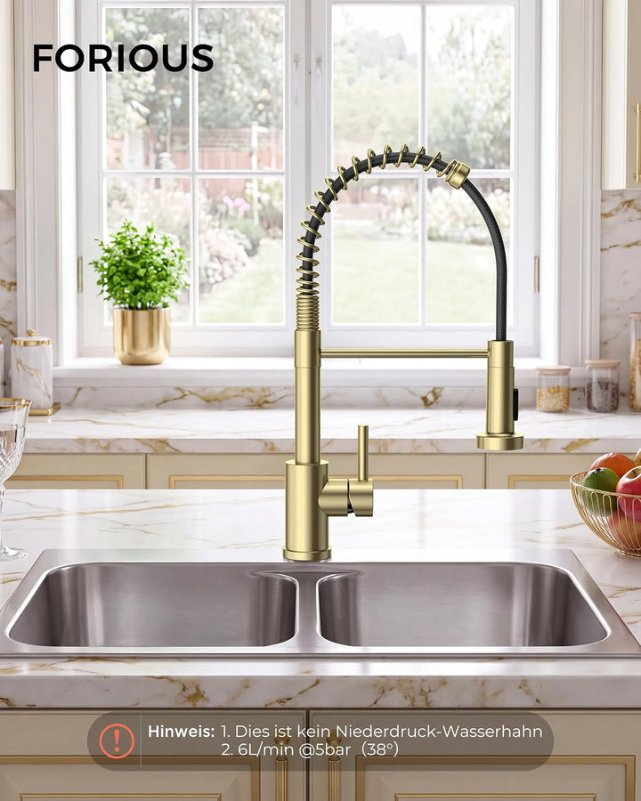 FORIOUS Wasserhahn Küche, Hoher Bogen Hochdruck Küchenarmatur mit Herunterziehen Brause Armatur, Mis