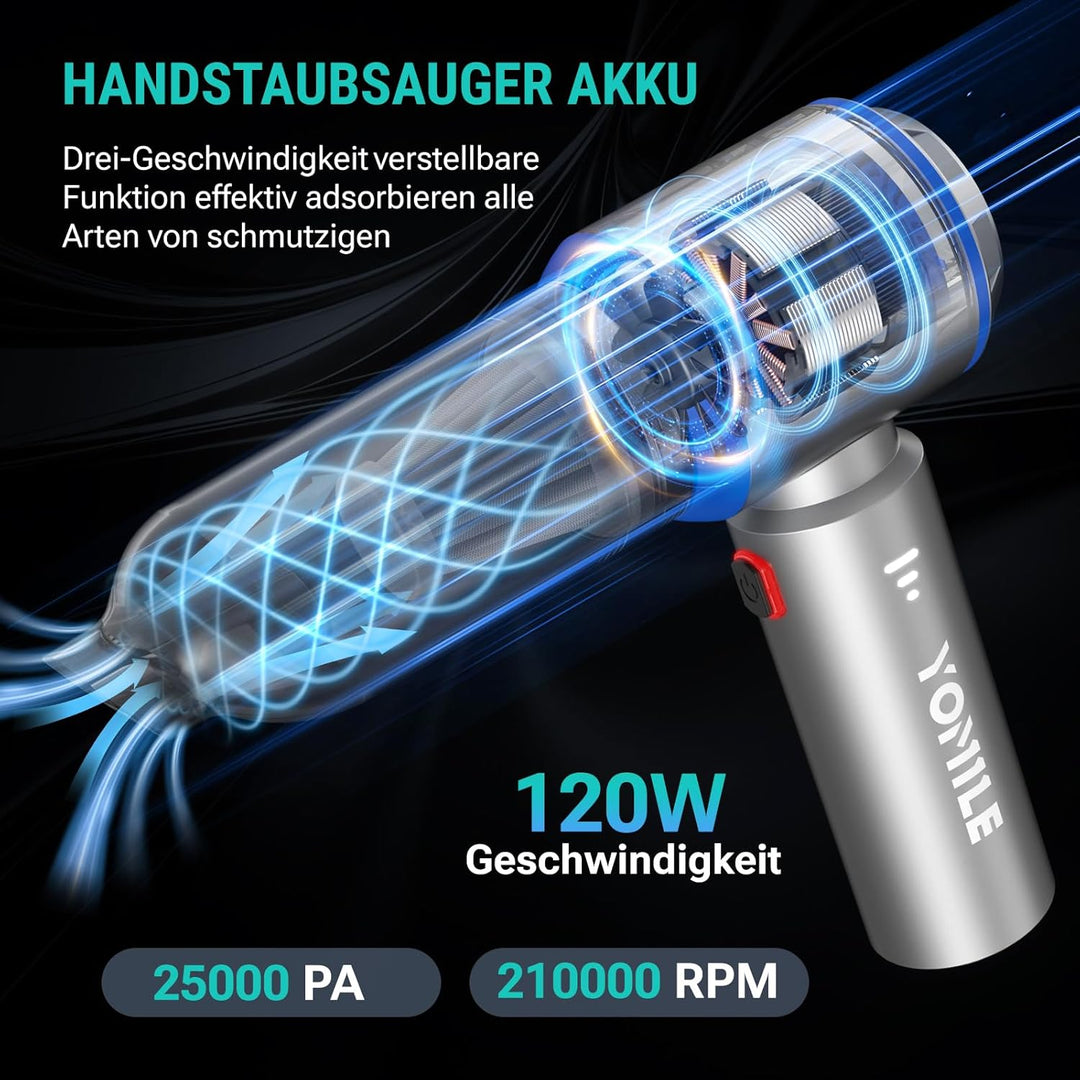 Yomile Handstaubsauger Kabellos,25000PA 4 in 1 Handstaubsauger Akku,Autostaubsauger mit Bürstenloser