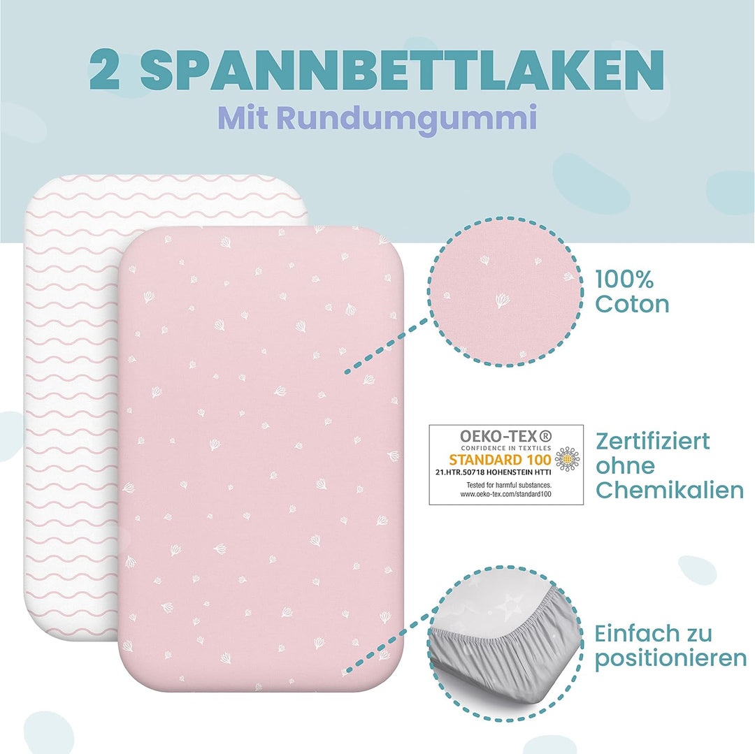 2X Spannbettlaken aus 100% Baumwolle mit Gummiband - 1X Matratzenschoner aus 100% wasserdichtem Mate
