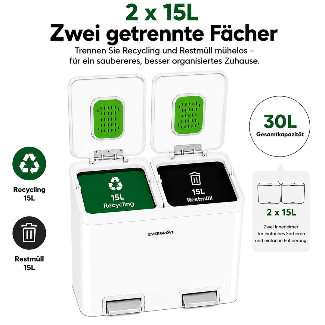 EverGrove 60L Edelstahl-Mülleimer mit Sortierung, zweifach schwarz (Arktisweiss, 30, Liter) 30 liter