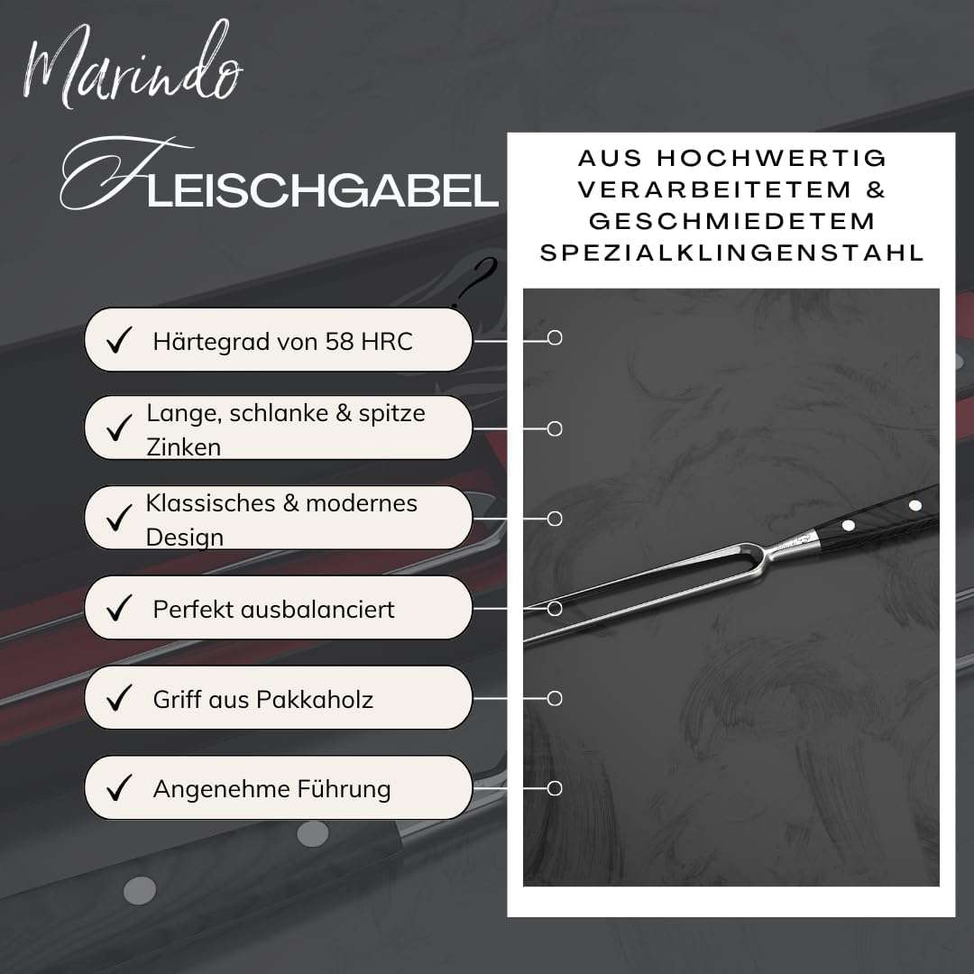 Marindo Profi Fleischgabel Edelstahl 31,5cm | Fleischgabel mit Holzgriff & 17cm Klingenlänge | Grill