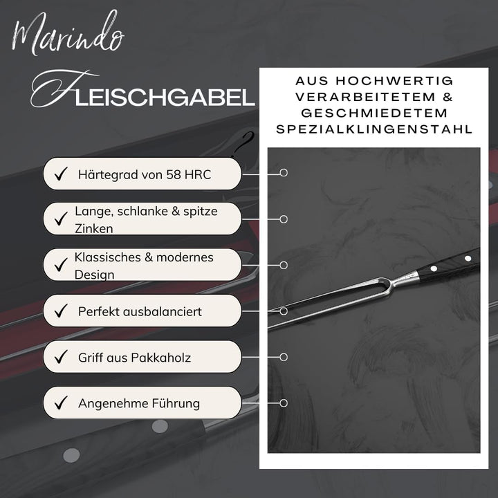 Marindo Profi Fleischgabel Edelstahl 31,5cm | Fleischgabel mit Holzgriff & 17cm Klingenlänge | Grill