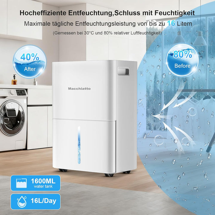Macchiatto Elektrischer Luftentfeuchter Kompakt für bis zu 80m³(32m²) Räume Automatischer Betrieb,mi