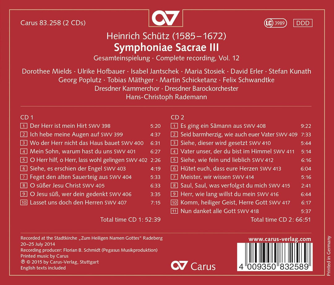 Symphoniae Sacrae III - Schütz-Gesamteinspielung Vol. 12, Audio-CD