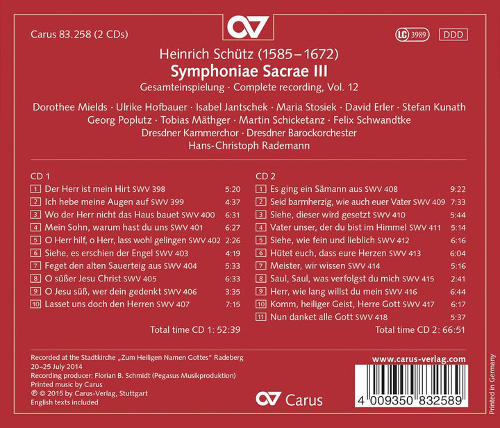 Symphoniae Sacrae III - Schütz-Gesamteinspielung Vol. 12, Audio-CD
