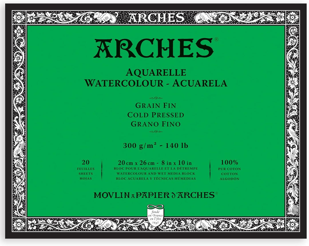 Arches 1711599 Aquarell Block, 20 Blatt Aquarellpapier in Naturweiss, 300g/m², hohe Farbechtheit, Al