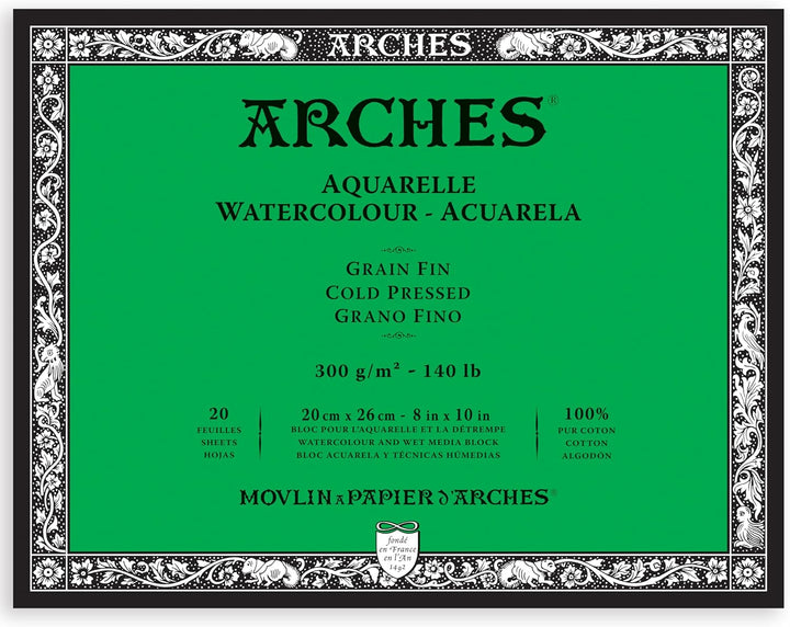 Arches 1711599 Aquarell Block, 20 Blatt Aquarellpapier in Naturweiss, 300g/m², hohe Farbechtheit, Al