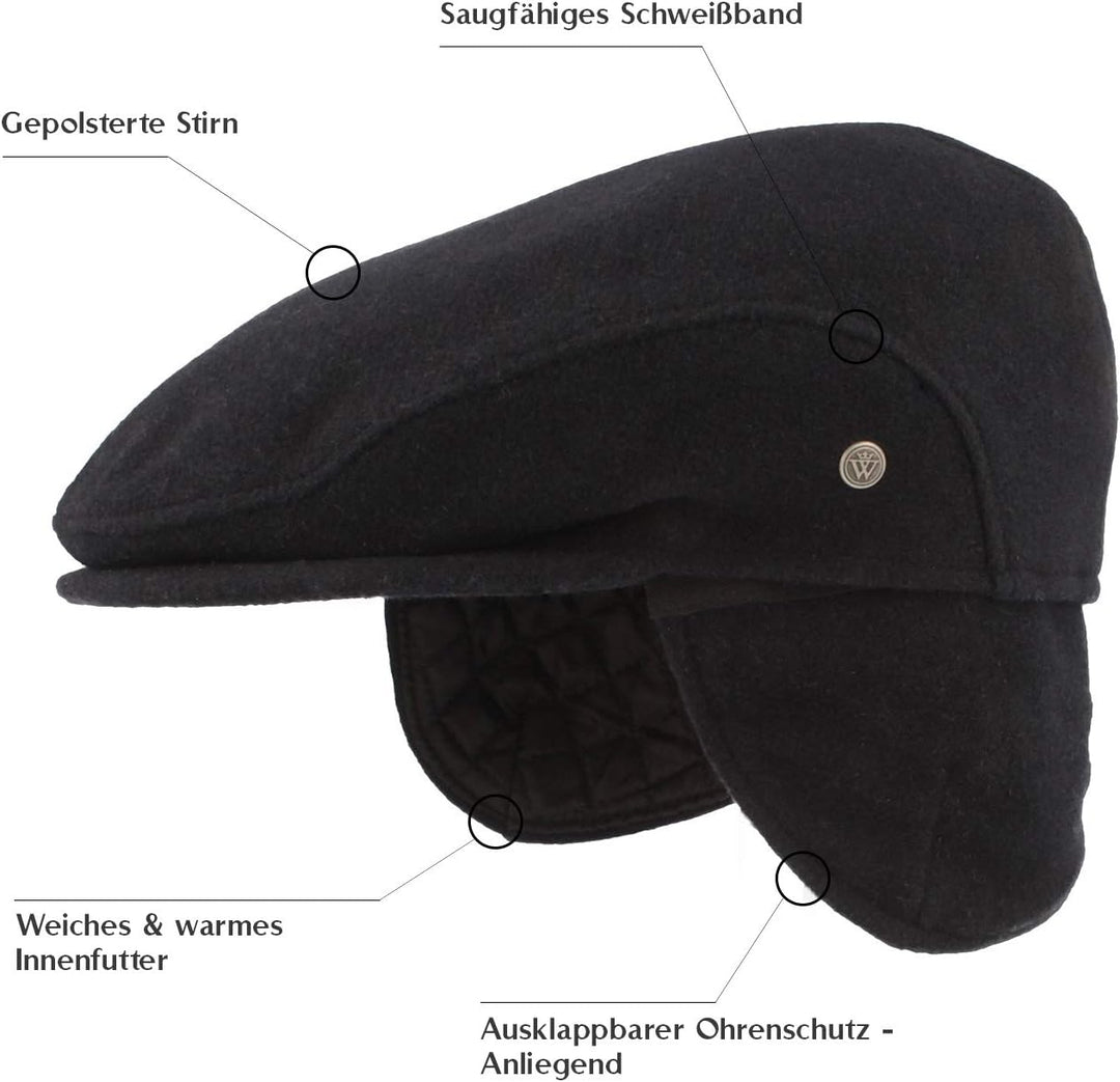 Breiter Herren Winter Schiebermütze mit Ohrenklappen Flatcap Schirmmütze 100% Wolle mit ausklappbare