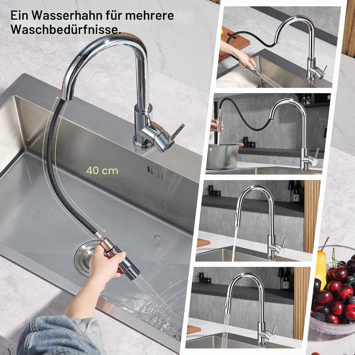 Tohlar Niederdruck Armatur Küche mit Ausziehbare Brause, Niederdruck Wasserhahn Küche 360° Drehbar M