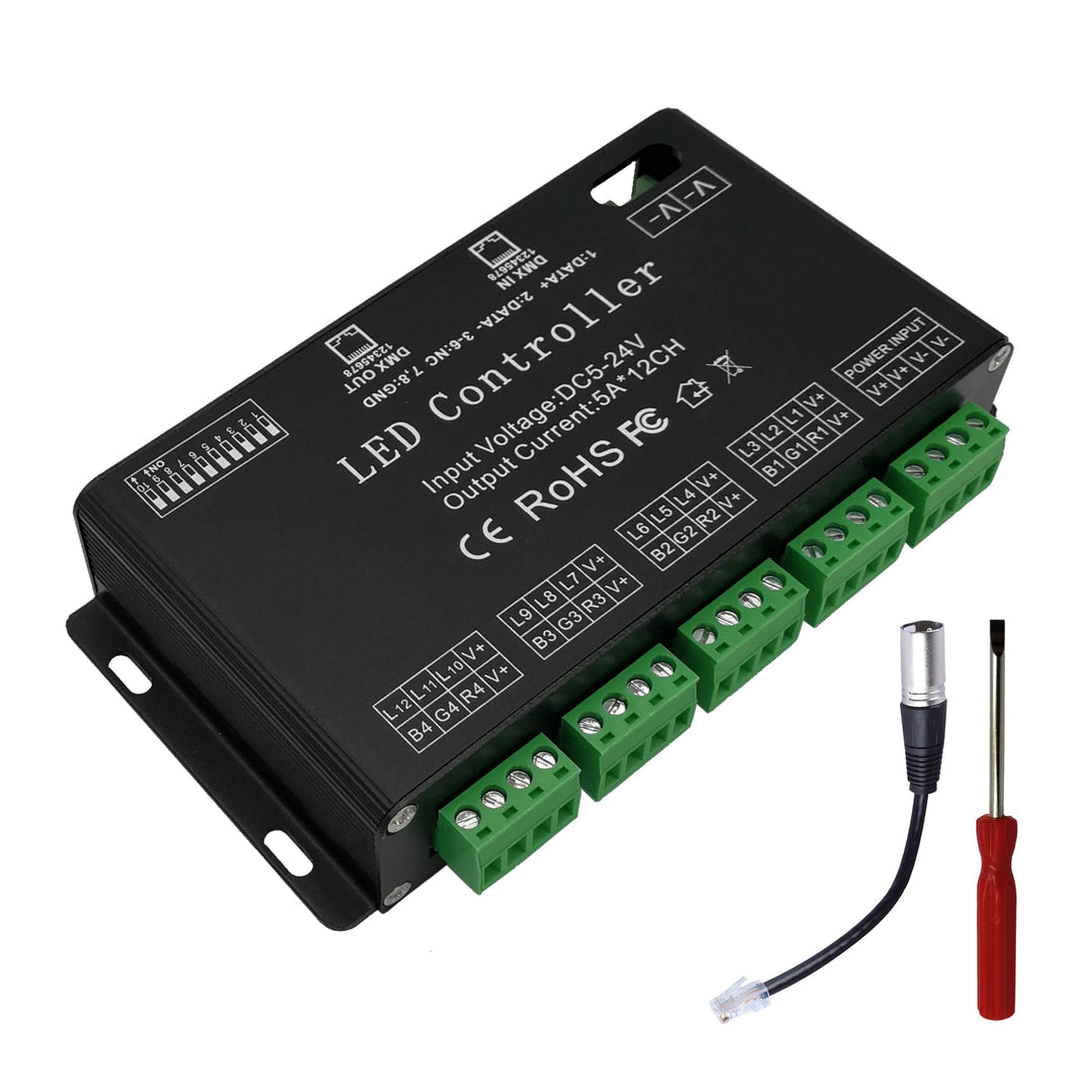 12 Kanal DMX Decoder,DMX512 Decoder RGB LED Controller 60A PWM DMX512 Dimmertreiber für RGB LED Stre