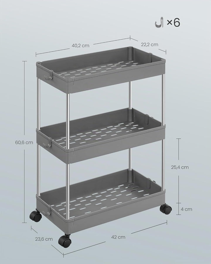 SONGMICS Rollwagen, Küchenwagen, Küchenregal, Nischenregal, mit 6 Haken, 360° drehbare Räder, Stahlg