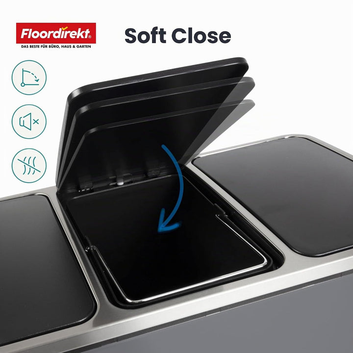 Floordirekt Mülleimer Küche 2×30L Grau | 2-Fach Mülltrennung, Treteimer Küche, Metall, Soft-Close, l