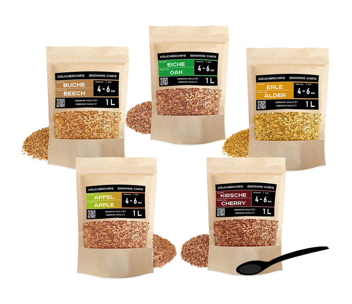 PINI Räucherchips Set 5x1 Liter Woodchips optimale Körnung 4-6 mm sortenreine Räucherspäne Buche Eic