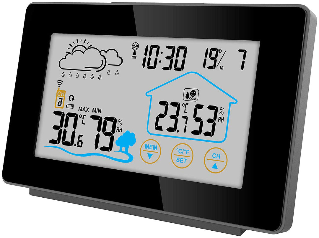 infactory Indoor Wetterstation: Funk-Wetterstation mit Aussensensor, Display-Touchfunktion, Wettertr