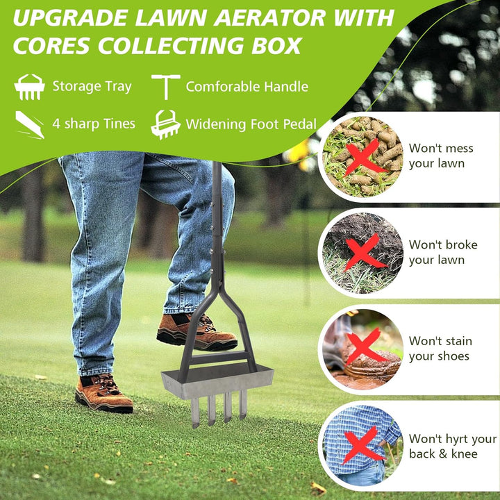 Rasenlüfter mit 4 Zinken, Rasenbelüfter Spike Metall mit Ablageschale & Gartengeräten, Rasen-Kernbel