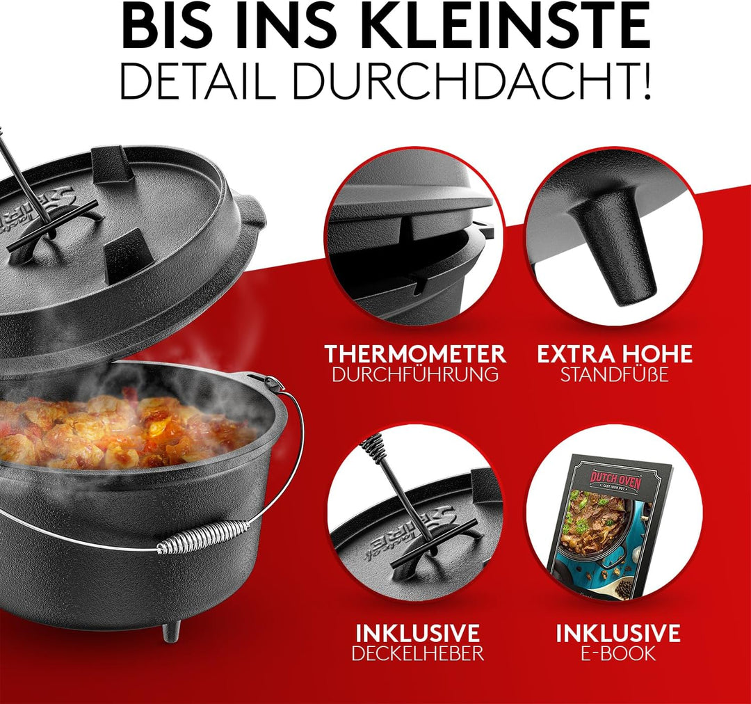 BBQ Dutch Oven [Das Original] - Dutch Oven Set [9L] – Eingebrannter Feuertopf aus Gusseisen mit Füss
