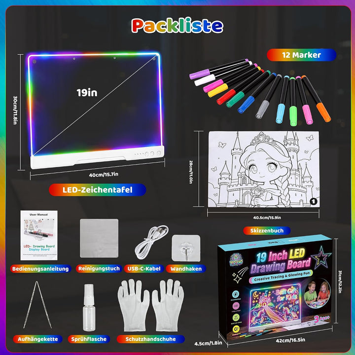 19 Zoll LED Zeichenbrett Kinder, Wiederaufladbare LED Maltafel 40x30cm, Geschenk Jungen Mädchen 3 4