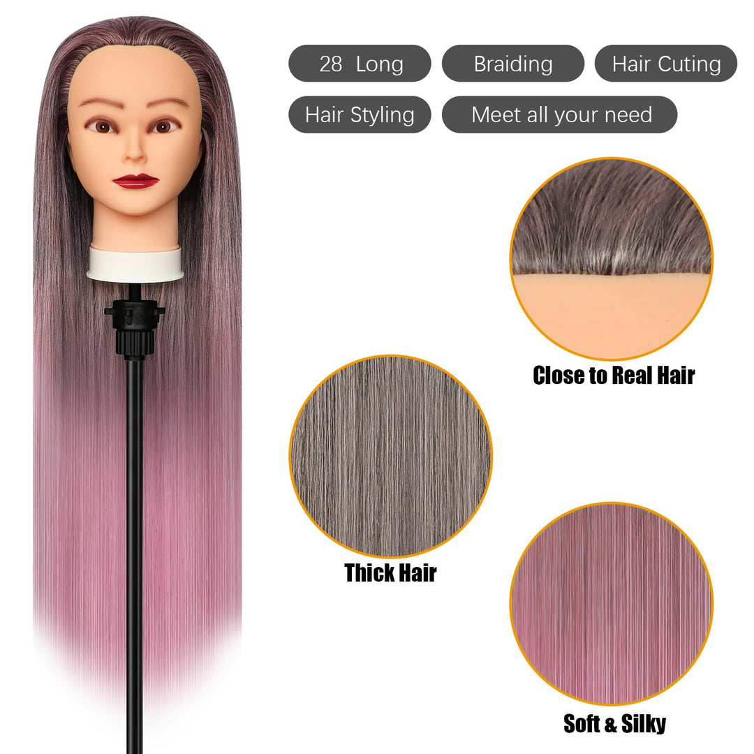 Trainingsköpfe, 28 inch Frisierkopf für Frisöre 100% Synthetikfaser-Haar Übungskopf,mit DIY Stricken