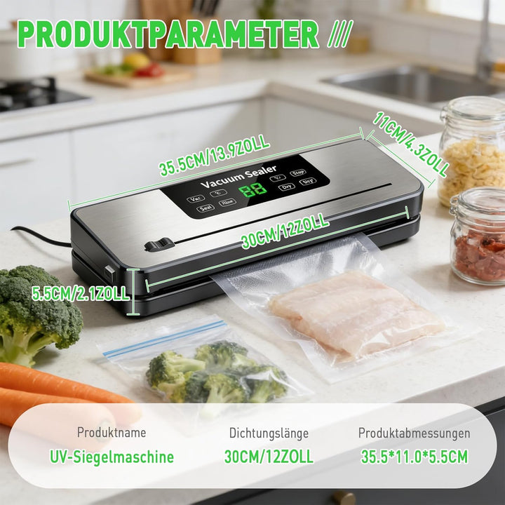 Vakuumiergerät mit UV-Licht | 30 cm Siegelbreite & einstellbare Temperatur | Für Nass- & Trockenlebe