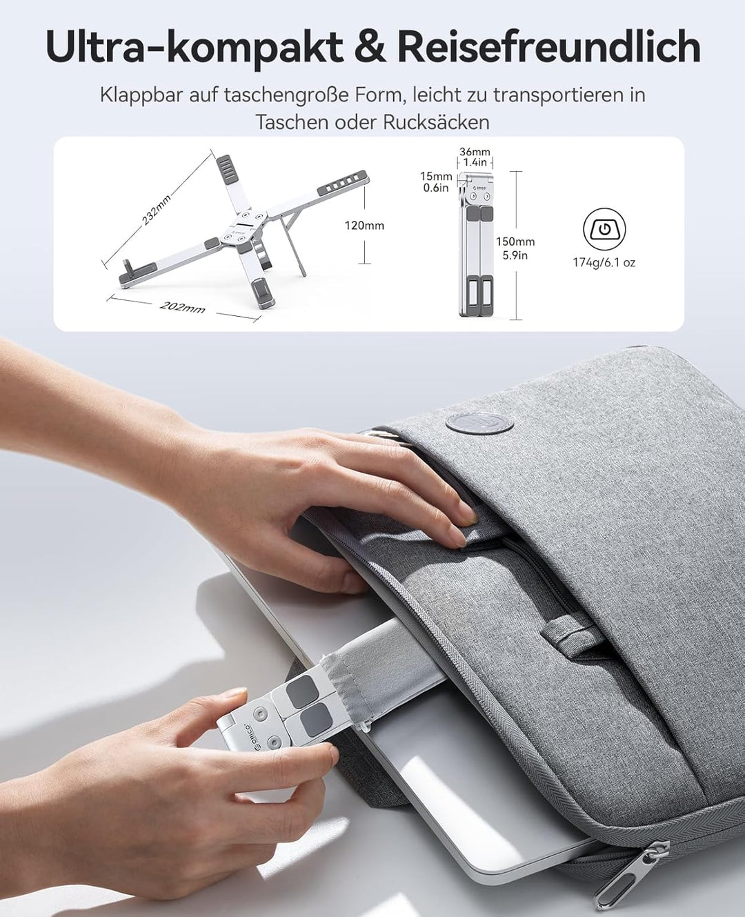 ORICO Tragbarer Laptop Ständer für Schreibtisch & Reise, Faltbarer Aluminium 3-in-1 Halterung für La