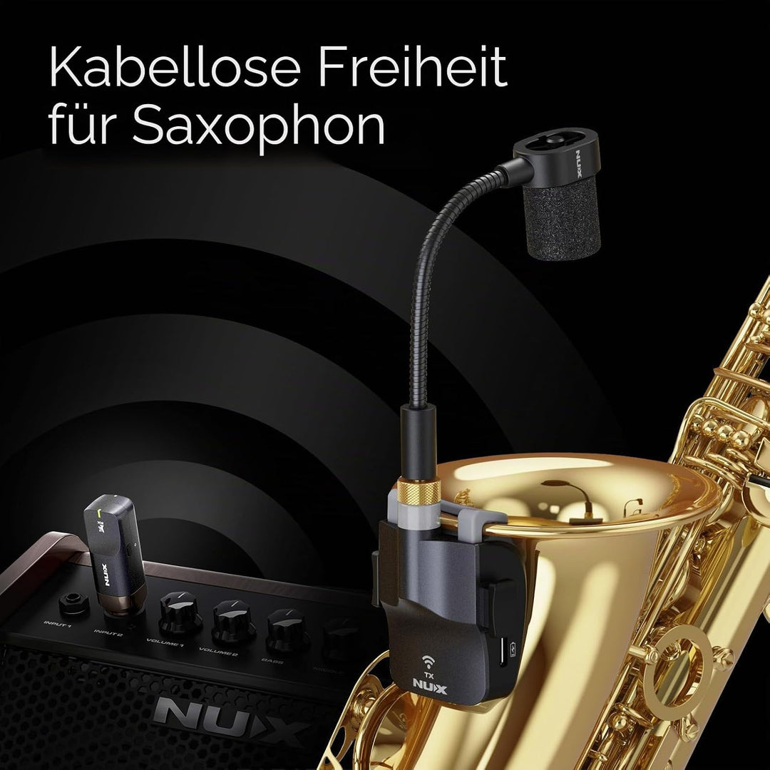 NUX B-6 Kabelloses Saxophonsystem mit Ladekoffer, 20 Meter Betriebsreichweite, 24 Bit/44,1 kHz High