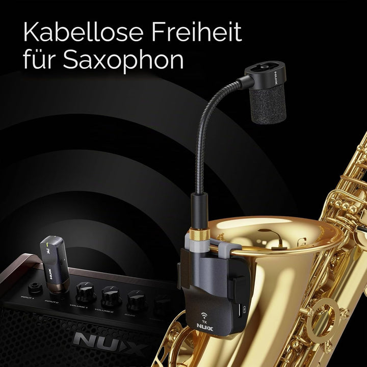 NUX B-6 Kabelloses Saxophonsystem mit Ladekoffer, 20 Meter Betriebsreichweite, 24 Bit/44,1 kHz High