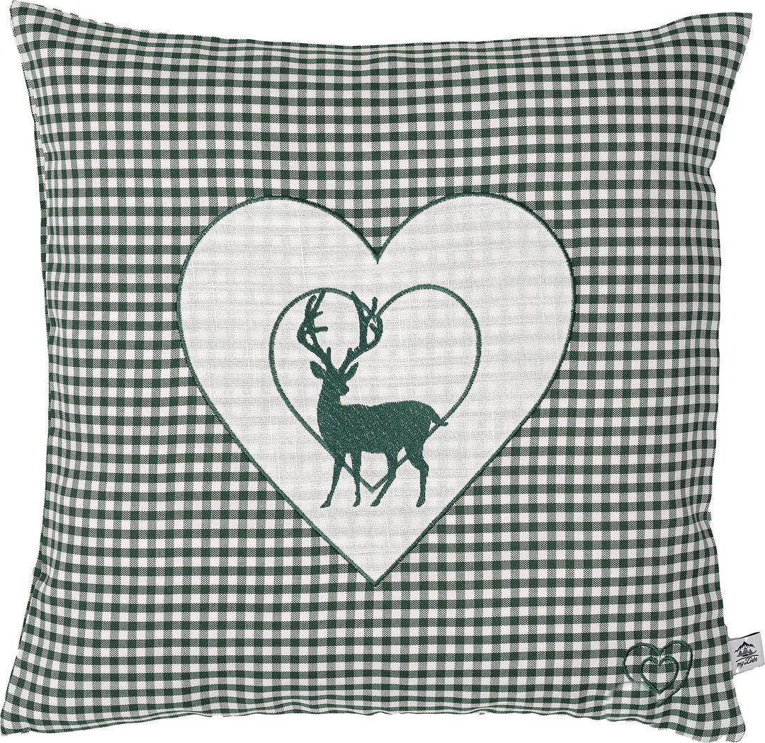 Zirbenkissen bestickt mit Hirsch und Herz grün karriert Grösse 40x40 cm befüllt mit Zirbenflocken au