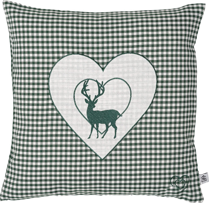 Zirbenkissen bestickt mit Hirsch und Herz grün karriert Grösse 40x40 cm befüllt mit Zirbenflocken au