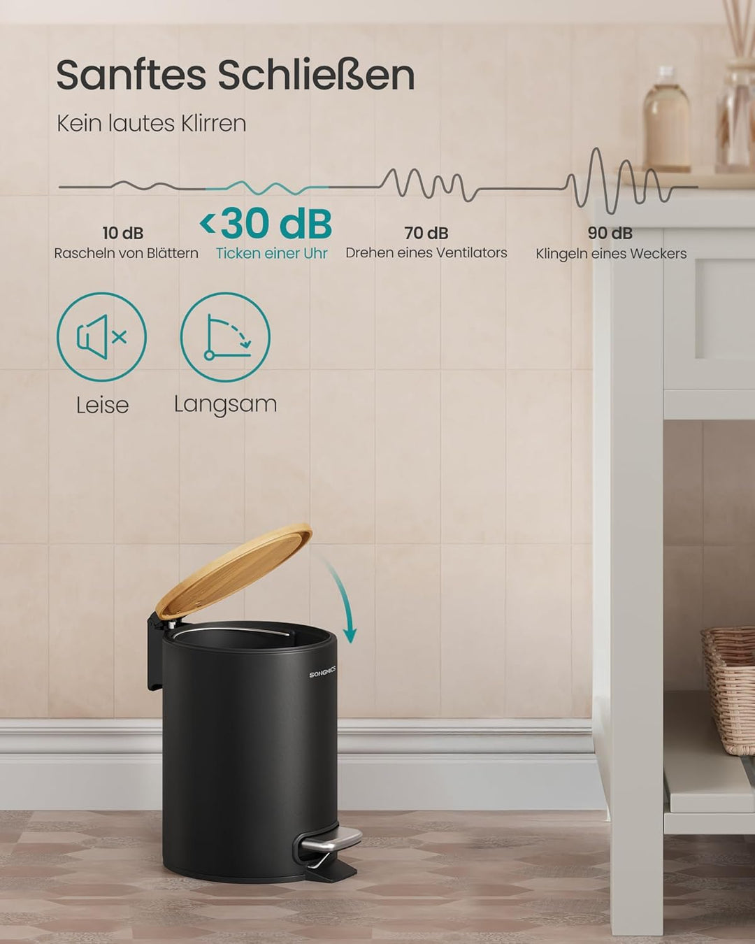 SONGMICS Kosmetikeimer, Mülleimer Bad, mit Deckel aus Bambus, Tretmülleimer mit Metallpedal, Innenei