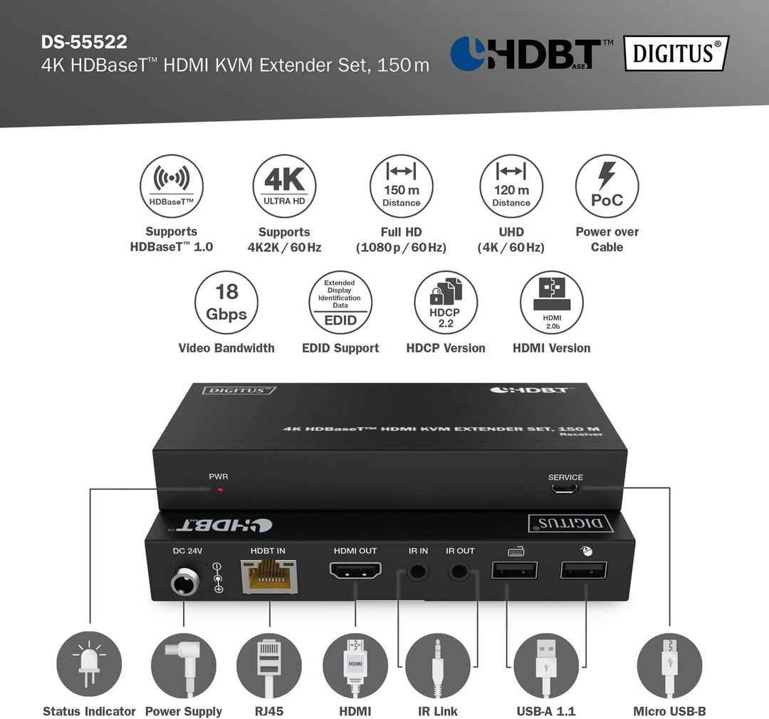 DIGITUS HDMI KVM Extender - 4k/60Hz - Sender & Empfänger - HDBaseT 1.0 - HDMI 2.0b - USB 1.1 - Reich