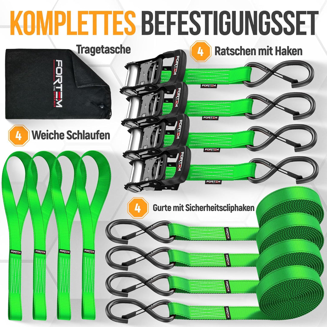 FORTEM Spanngurte mit Ratsche und Haken -Robustes 4er Spanngurt Set mit Zurrschlaufe–3,04m (2363 kg