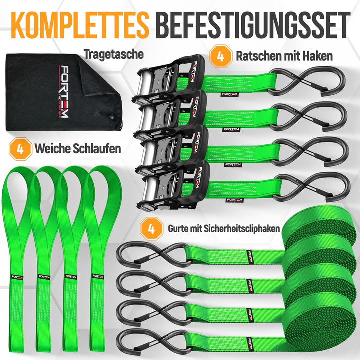 FORTEM Spanngurte mit Ratsche und Haken -Robustes 4er Spanngurt Set mit Zurrschlaufe–3,04m (2363 kg