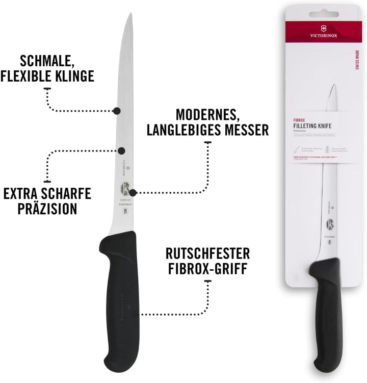 Victorinox Fibrox Filetiermesser, Scharfes Küchenmesser für Fleisch und Fisch, 20 cm, Gerade Klinge,