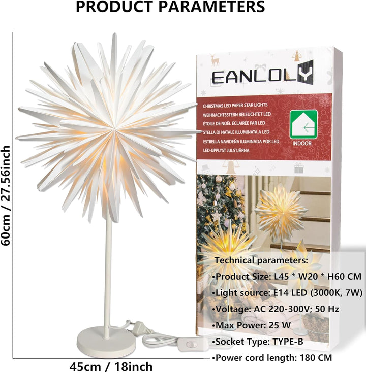 EANLOLY Stehender Weihnachtsstern Beleuchtet - LED Papierstern Weihnachten Tischlampe für Weihnachts