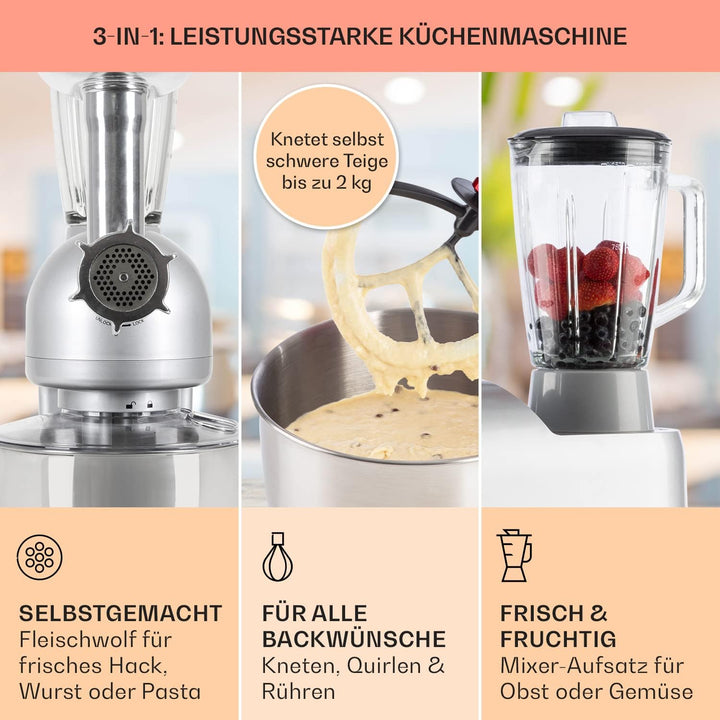 Klarstein Knetmaschine Küchenmaschine mit Fleischwolf, 1800W Teigmaschine Klein, 6 Stufen, Schneebes