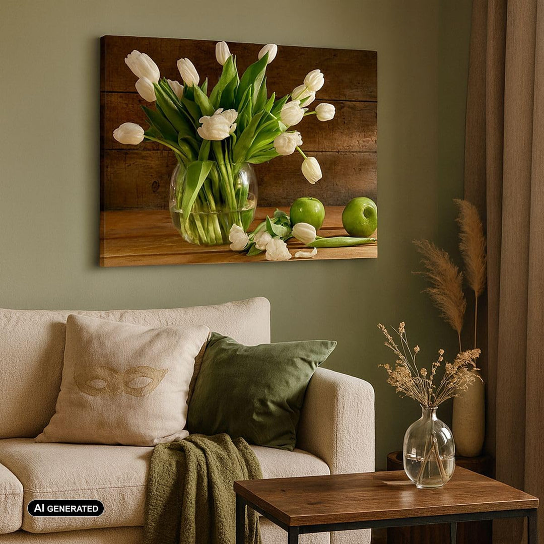 Bilder auf Leinwand 100x70cm Leinwandbild Tulpen Apfel Blumenstrauss Frühling Gross Wanddeko Bild Sc