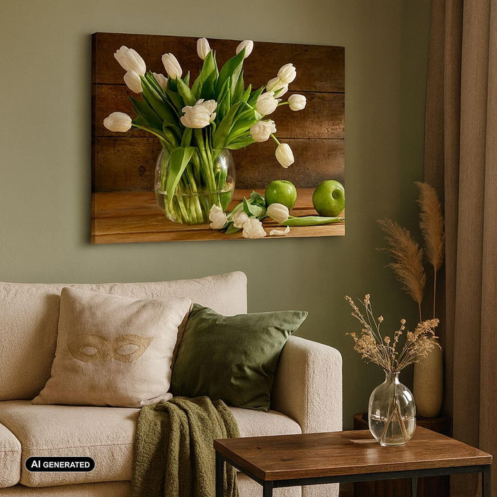 Bilder auf Leinwand 100x70cm Leinwandbild Tulpen Apfel Blumenstrauss Frühling Gross Wanddeko Bild Sc