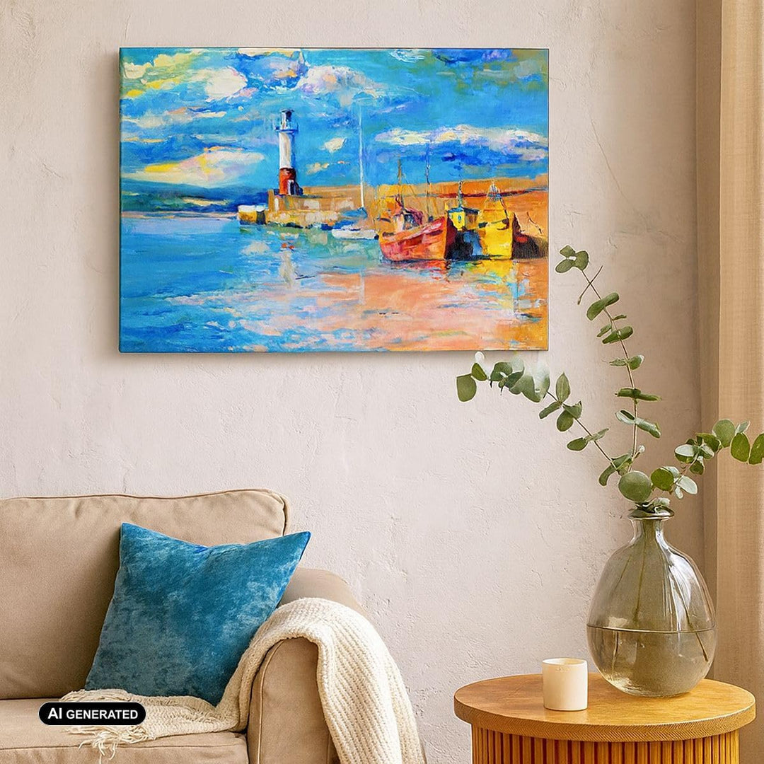 Bilder auf Leinwand 100x70cm Leinwandbild mit Rahmen Leuchtturm Meer Gross Wanddeko Bild Schlafzimme