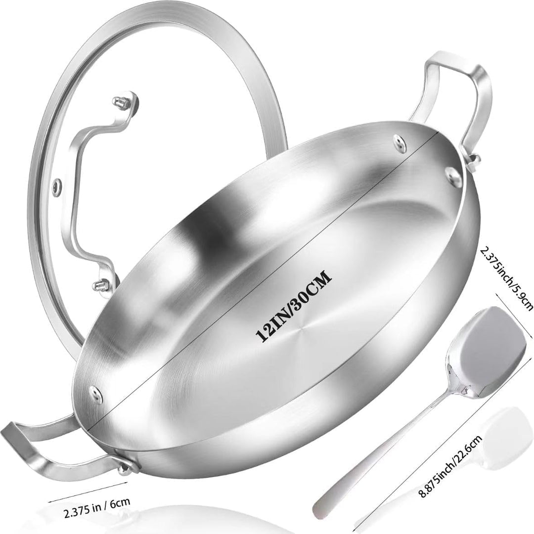 Inqibee Paella Pfanne 30 cm mit Deckel, Edelstahl Paellapfannen, Edelstahlpfanne Unbeschichtet, Stai