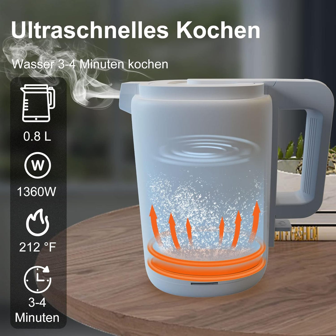 Fengjie 0,8l Edelstahl Wasserkocher Camping Reisewasserkocher 1360W Kabellos Doppelwand-Design Teeke