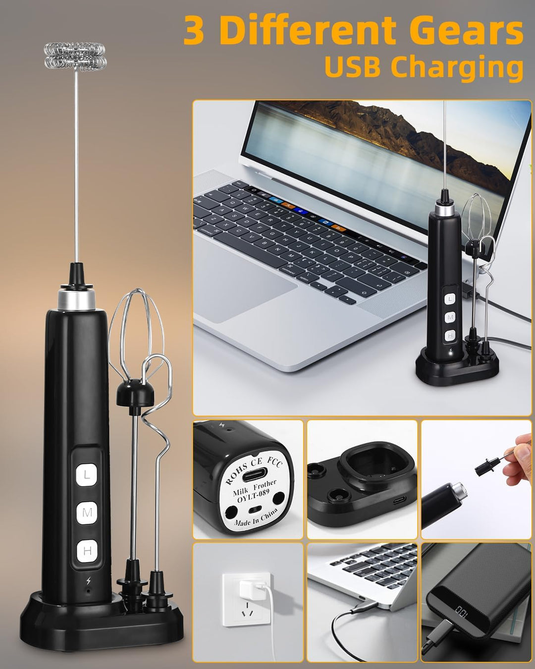 Elektrischer Milchaufschäumer,Milk Frother,Elektrischer Schneebesen,Mini Handmixer,USB-C Aufladbar A