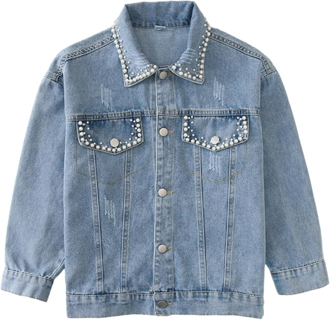 Rolanko Jeansjacke für Mädchen, Basic Trucker Jacke aus Denim Outwear Button Down Jeans Hemden 6-7 J